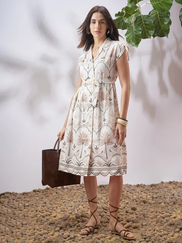 Vara By Vishudh Women Tan Printed A-Line Dress