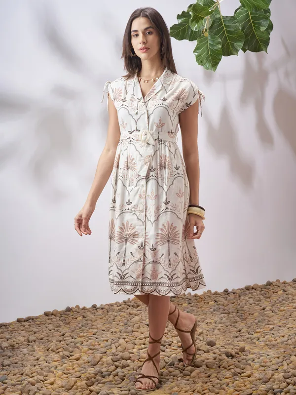 Vara By Vishudh Women Tan Printed A-Line Dress