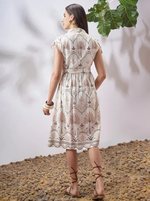 Vara By Vishudh Women Tan Printed A-Line Dress