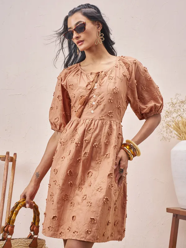 Vara By Vishudh Women Brown Embroidered A-Line Dress
