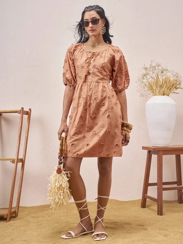 Vara By Vishudh Women Brown Embroidered A-Line Dress