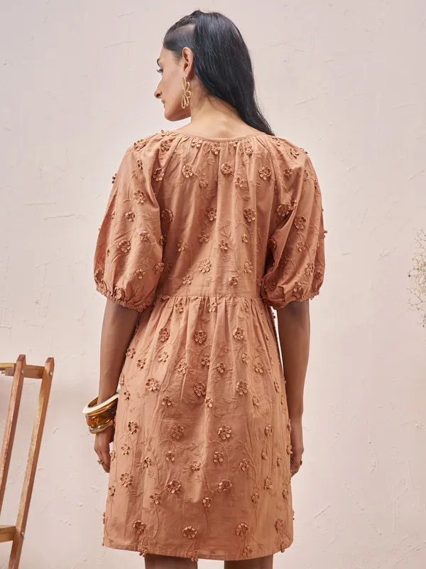 Vara By Vishudh Women Brown Embroidered A-Line Dress