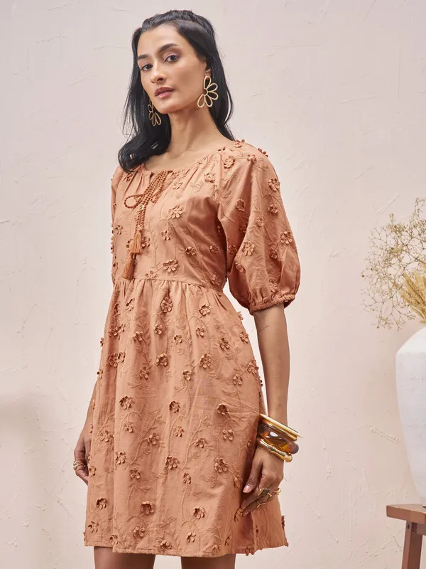 Vara By Vishudh Women Brown Embroidered A-Line Dress