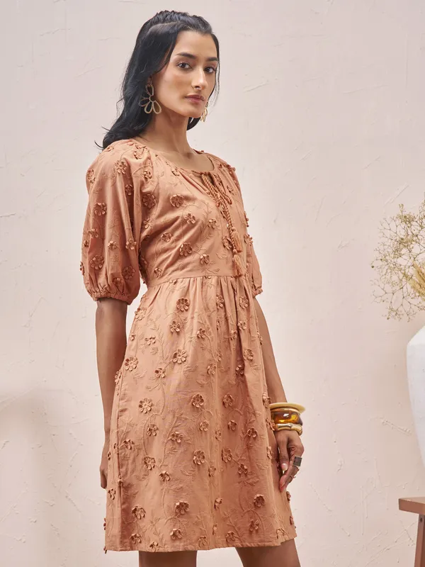 Vara By Vishudh Women Brown Embroidered A-Line Dress