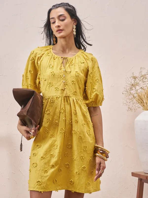 Vara By Vishudh Women Mustard Embroidered A-Line Dress