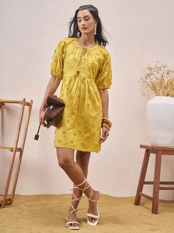 Vara By Vishudh Women Mustard Embroidered A-Line Dress