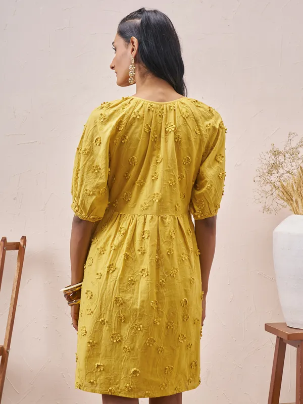 Vara By Vishudh Women Mustard Embroidered A-Line Dress