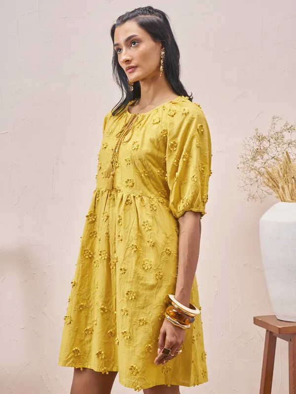 Vara By Vishudh Women Mustard Embroidered A-Line Dress