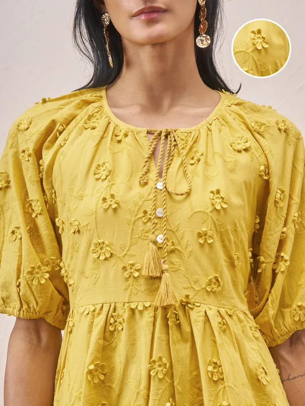 Vara By Vishudh Women Mustard Embroidered A-Line Dress