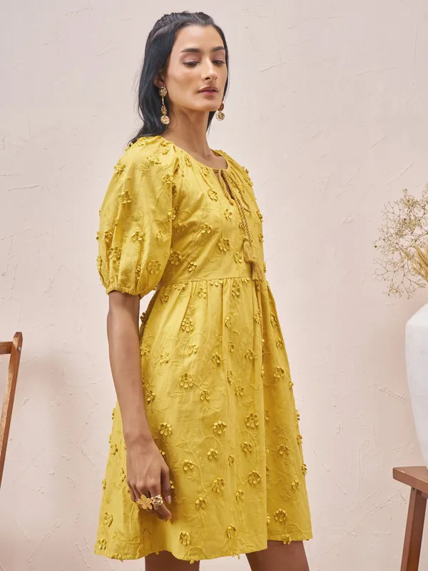 Vara By Vishudh Women Mustard Embroidered A-Line Dress