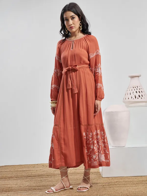 Vara By Vishudh Women Rust Embroidered Maxi Dress