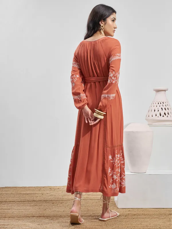 Vara By Vishudh Women Rust Embroidered Maxi Dress