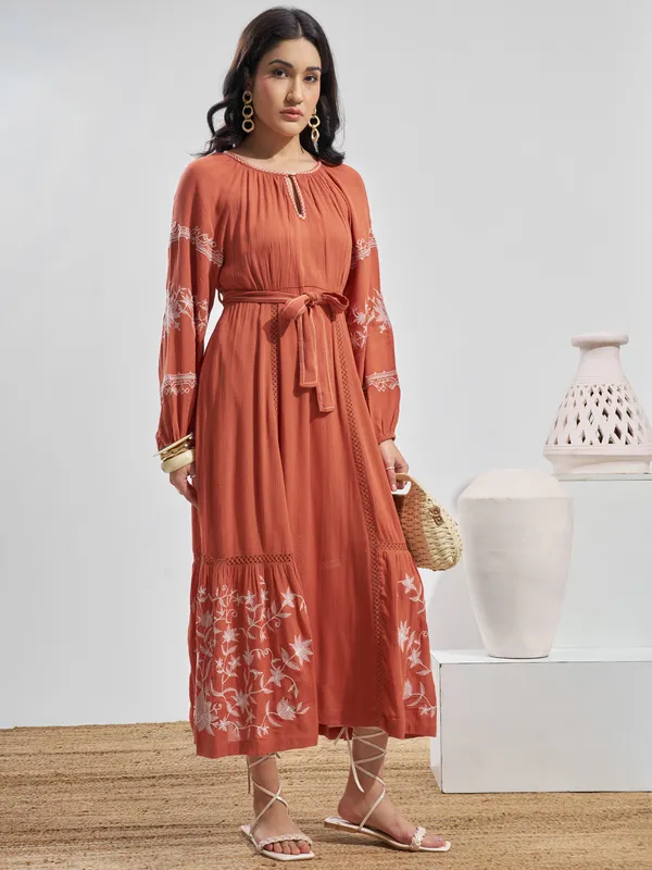 Vara By Vishudh Women Rust Embroidered Maxi Dress