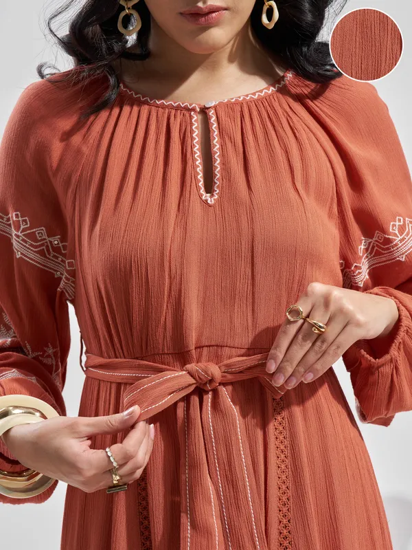 Vara By Vishudh Women Rust Embroidered Maxi Dress