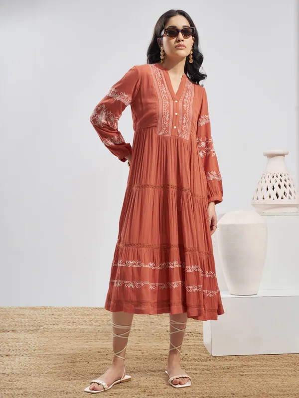Vara By Vishudh Women Rust Embroidered Fit and Flare Dress