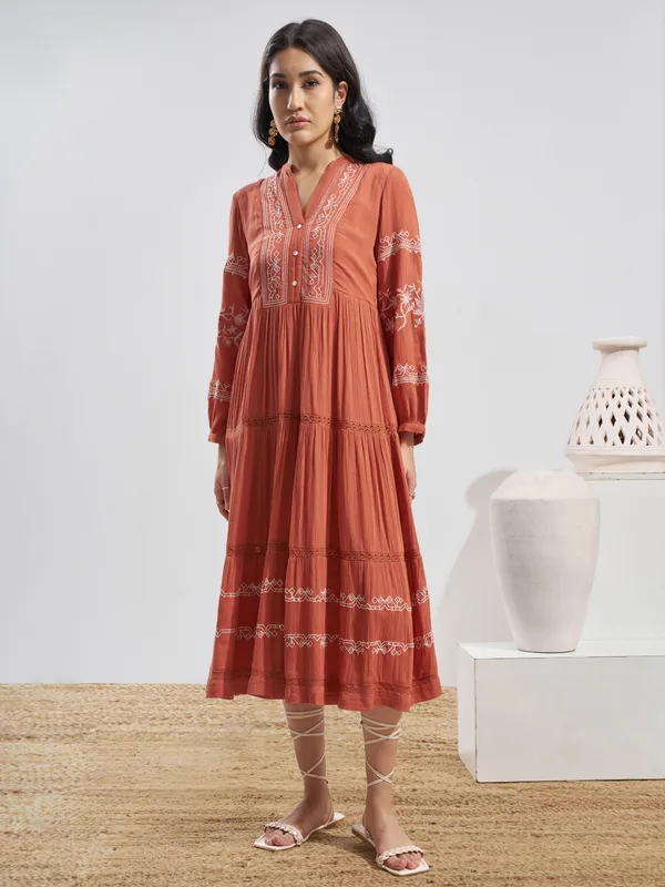 Vara By Vishudh Women Rust Embroidered Fit and Flare Dress