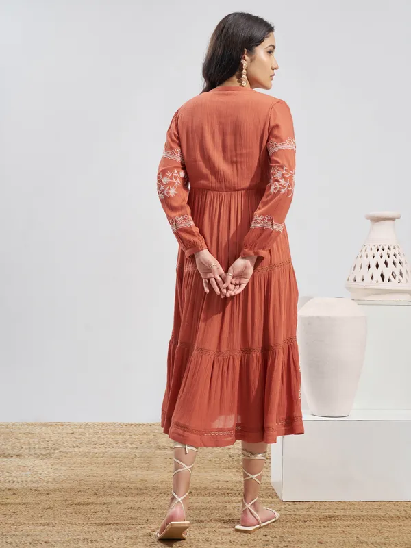 Vara By Vishudh Women Rust Embroidered Fit and Flare Dress