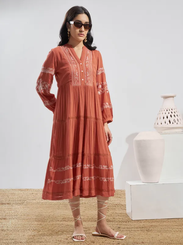 Vara By Vishudh Women Rust Embroidered Fit and Flare Dress