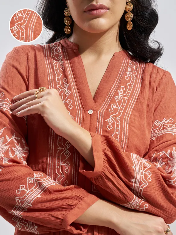 Vara By Vishudh Women Rust Embroidered Fit and Flare Dress