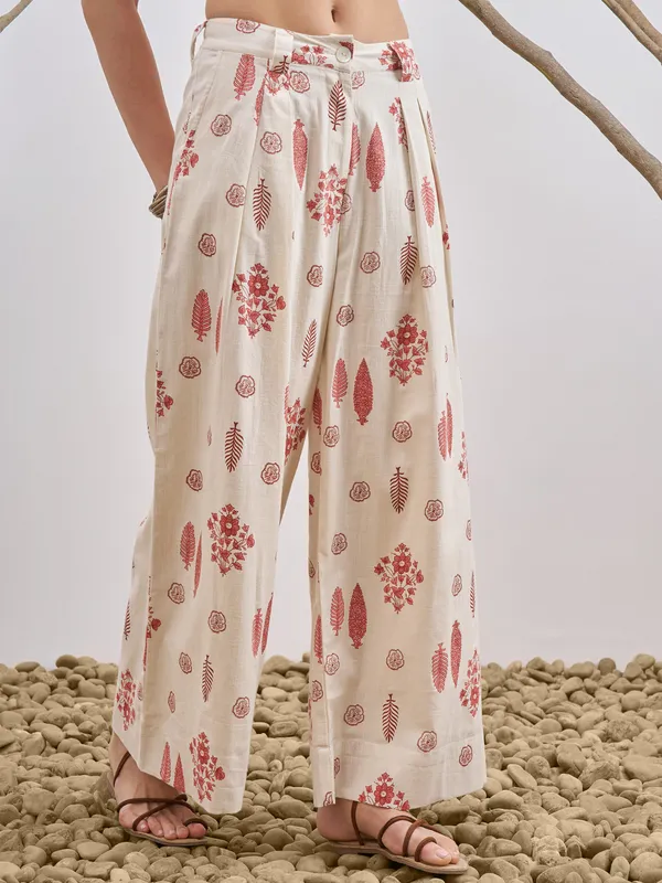Vara By Vishudh Women Off White Printed Wide Leg Plazzo