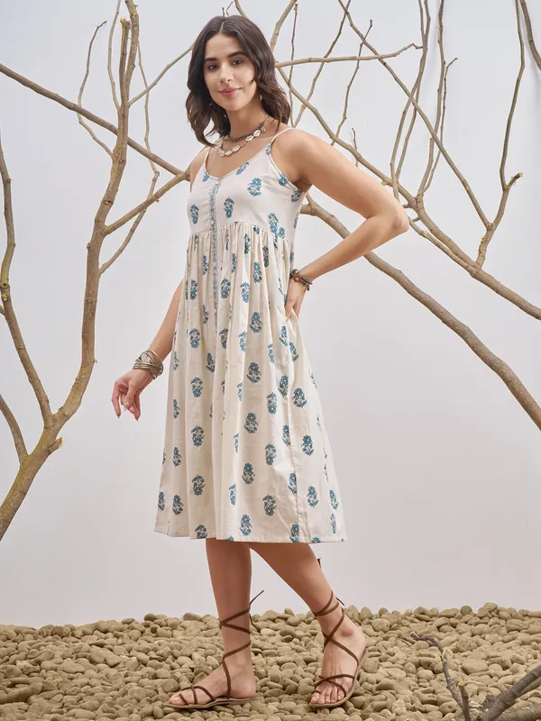 Vara By Vishudh Women Off White Printed Fit and Flare Dress