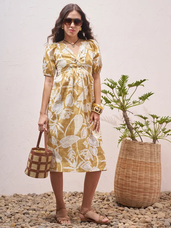 Vara By Vishudh Women Mustard Printed Fit and Flare Dress