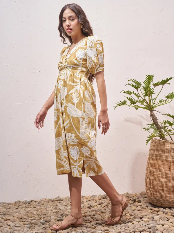 Vara By Vishudh Women Mustard Printed Fit and Flare Dress