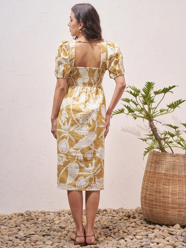 Vara By Vishudh Women Mustard Printed Fit and Flare Dress