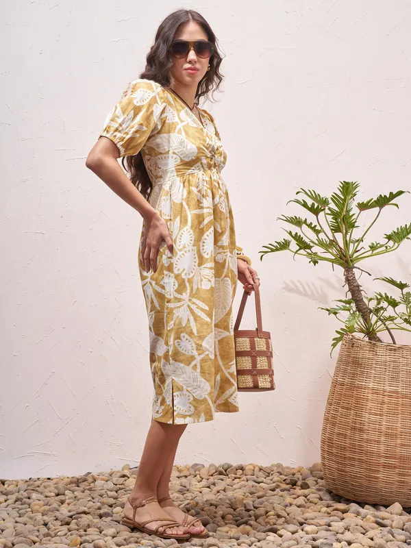 Vara By Vishudh Women Mustard Printed Fit and Flare Dress