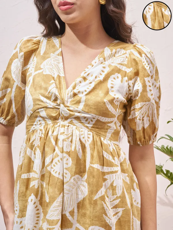 Vara By Vishudh Women Mustard Printed Fit and Flare Dress