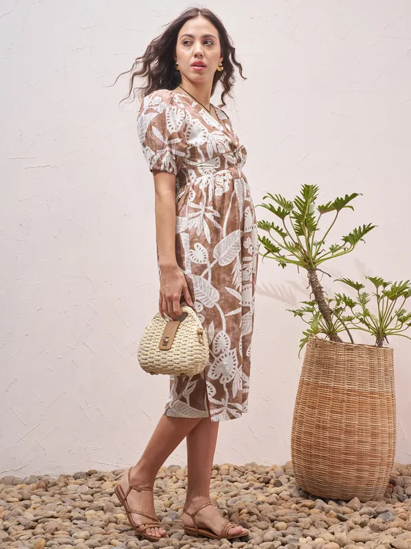 Vara By Vishudh Women Brown Printed Fit and Flare Dress