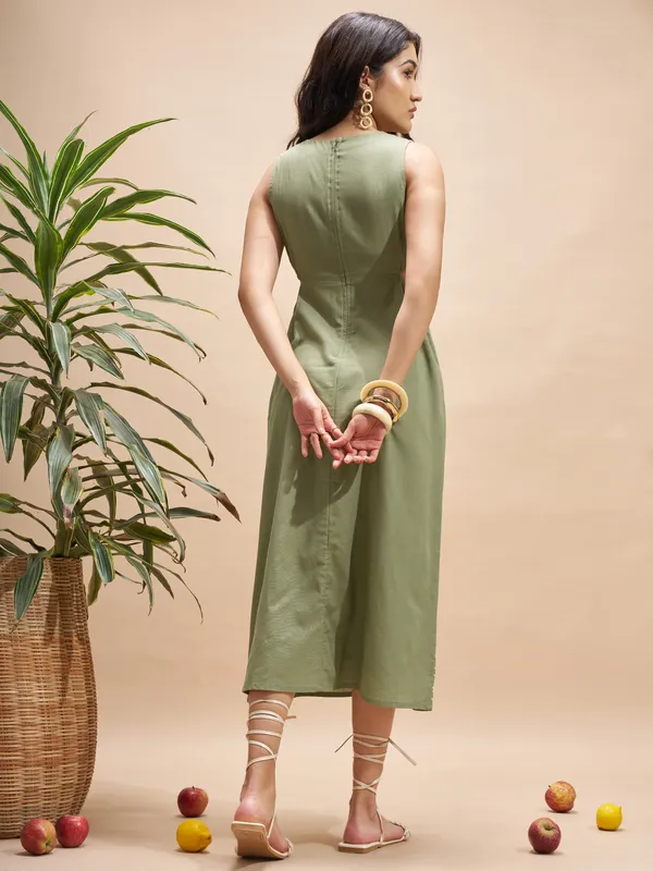 Vara By Vishudh Women Olive Embroidered Maxi Dress