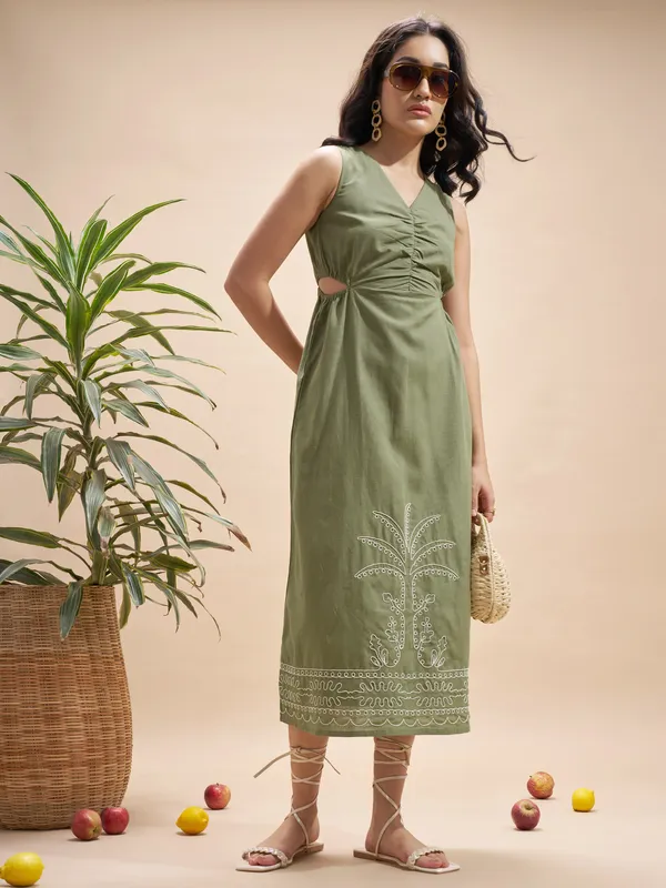 Vara By Vishudh Women Olive Embroidered Maxi Dress