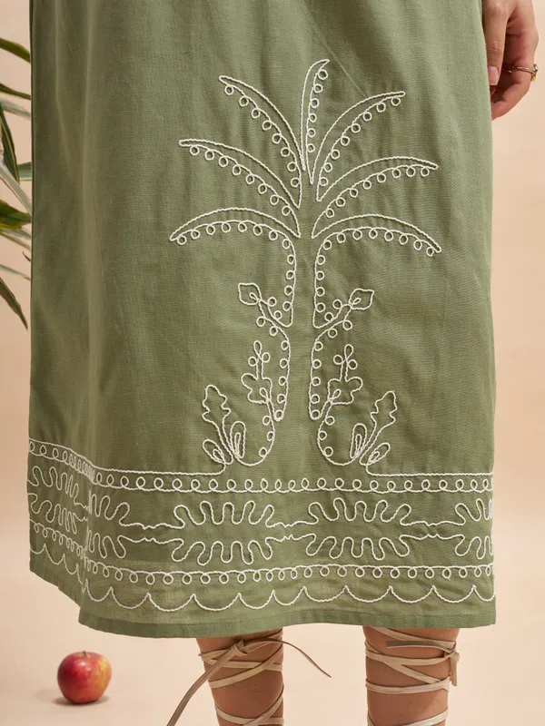 Vara By Vishudh Women Olive Embroidered Maxi Dress