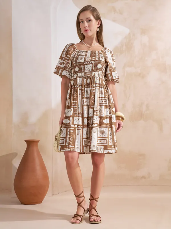 Vara By Vishudh Women Taupe Printed Fit and Flare Dress