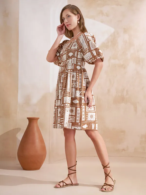 Vara By Vishudh Women Taupe Printed Fit and Flare Dress