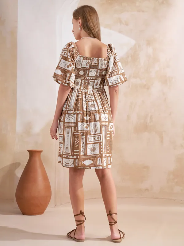 Vara By Vishudh Women Taupe Printed Fit and Flare Dress