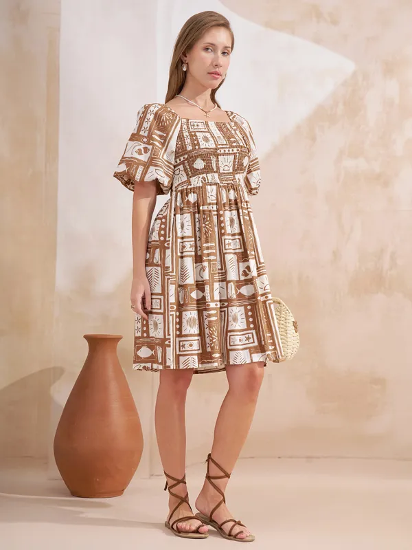 Vara By Vishudh Women Taupe Printed Fit and Flare Dress