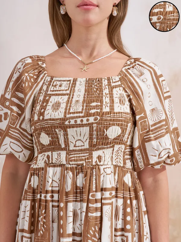 Vara By Vishudh Women Taupe Printed Fit and Flare Dress