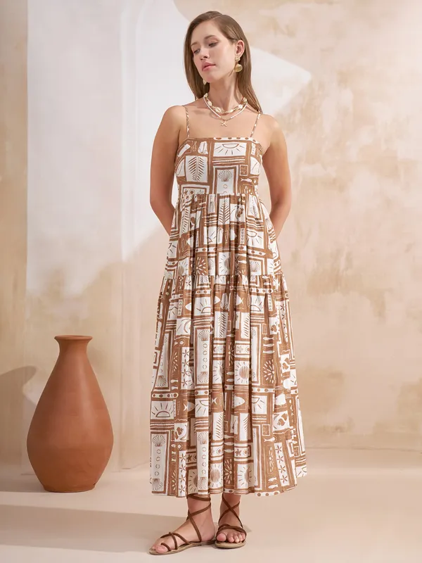 Vara By Vishudh Women Taupe Printed Maxi Dress