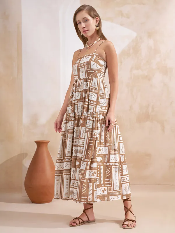 Vara By Vishudh Women Taupe Printed Maxi Dress