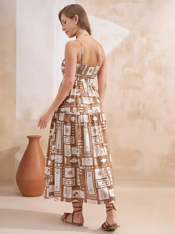 Vara By Vishudh Women Taupe Printed Maxi Dress