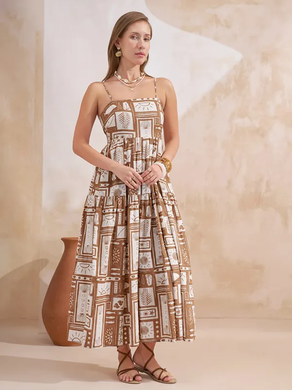 Vara By Vishudh Women Taupe Printed Maxi Dress