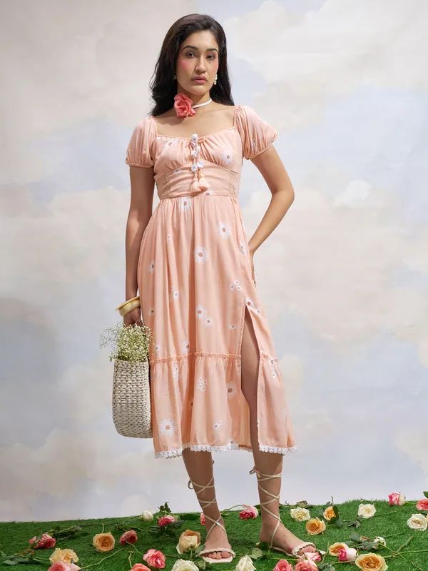 Vara By Vishudh Women Peach Printed Drop Waist Dress