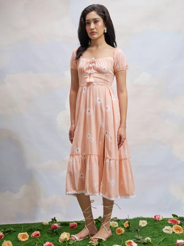 Vara By Vishudh Women Peach Printed Drop Waist Dress