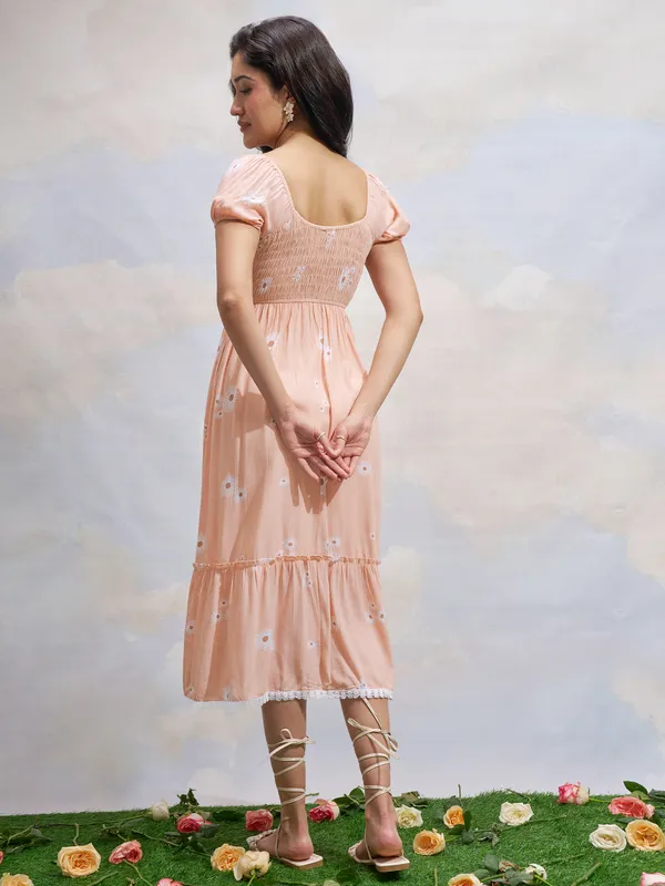 Vara By Vishudh Women Peach Printed Drop Waist Dress