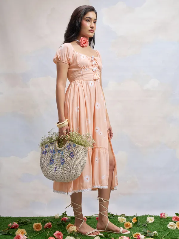 Vara By Vishudh Women Peach Printed Drop Waist Dress