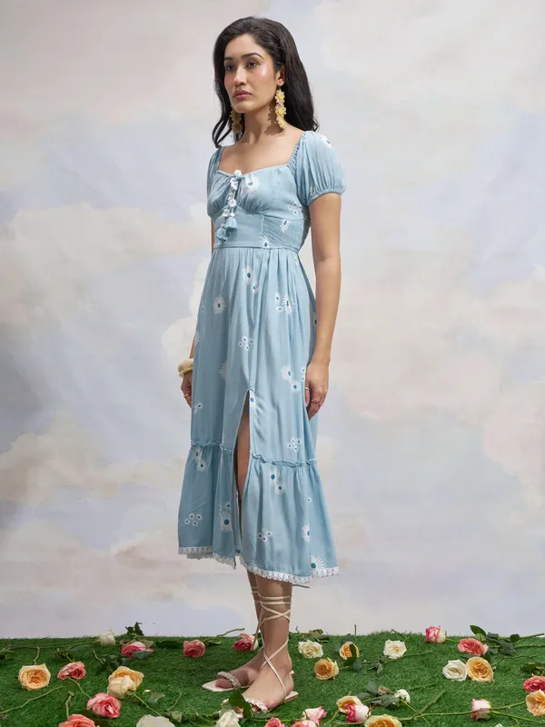 Vara By Vishudh Women Blue Printed Drop Waist Dress