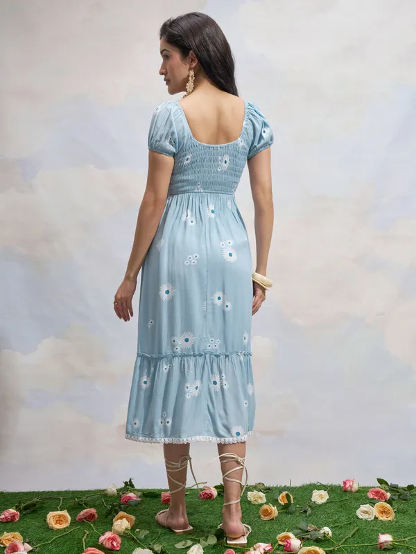 Vara By Vishudh Women Blue Printed Drop Waist Dress