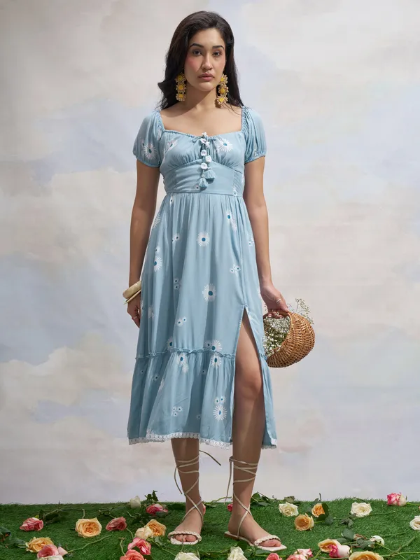 Vara By Vishudh Women Blue Printed Drop Waist Dress